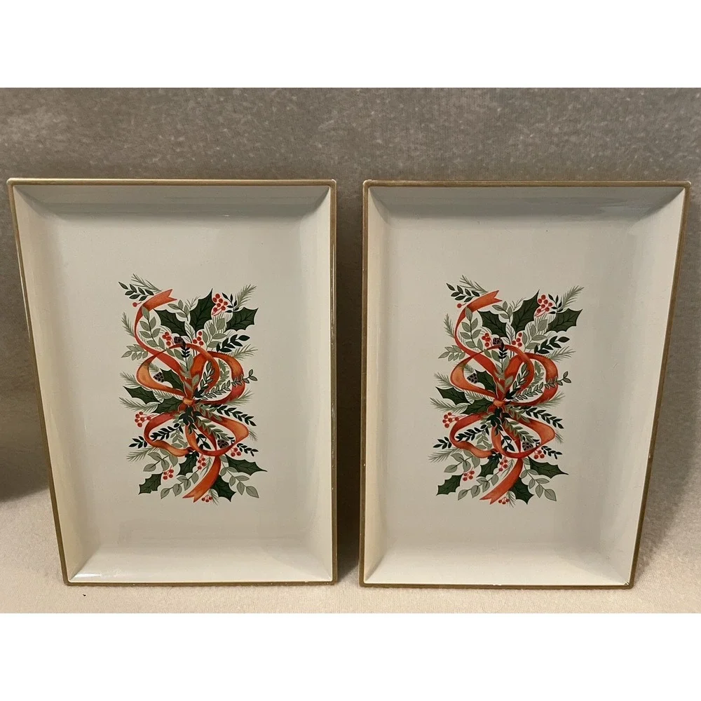 Set Of 2 VTG Otagiri Japan Tray Platter Christmas Red Bow Lauqerware  8.5x6